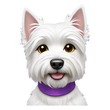 Westie dog wearing a white collar with purple hearts sticker