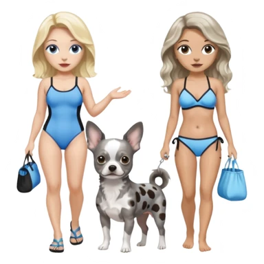 2 pretty women in bathing suits, hazel eyed light skin with dark brown wavy long hair, walking a blue and gray spotted Merle Frenchie the other blue eyed light skin long blonde hair with black chihuahua  sticker