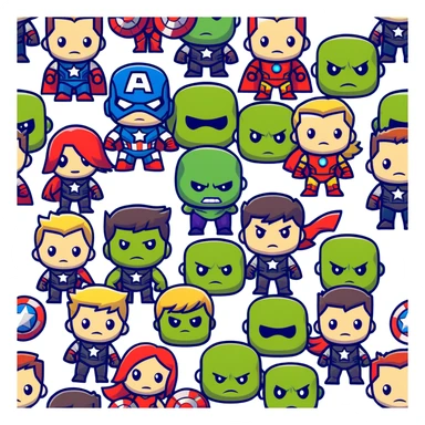 Chibi Avengers team with cute small proportions, big heads, tiny bodies. Include Iron Man, Captain America, Thor, Hulk, Black Widow, and Hawkeye with adorable expressions sticker