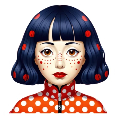 Yayoi Kusama – Cinematic Realistic Portrait of Yayoi Kusama, depicted as an avant-garde artist with an eccentric, captivating expression surrounded by her iconic polka dot patterns, rendered with vivid textures and imaginative lighting that evokes her unique, surreal creative world. sticker