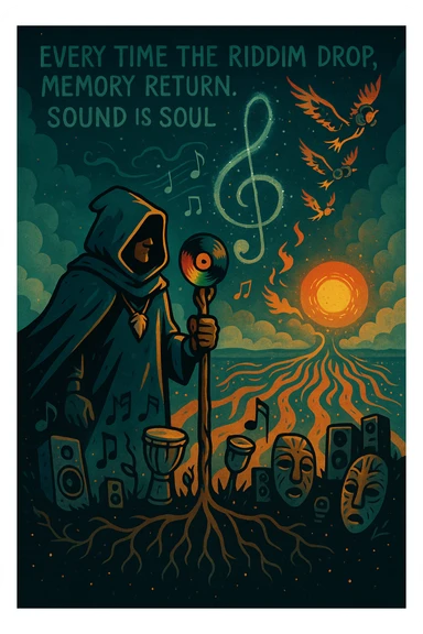 Create a mythical, animated-style poster set in a timeless world where sound is sacred. At the center, a hooded guardian of rhythm stands on a hill, overlooking a vast land shaped like a giant soundwave.

He holds a staff made of melted vinyl records, glowing with faint reggae colours — red, gold, and green. Around his neck is a lion’s fang pendant, and behind him, a swirling constellation shaped like a treble clef lights the sky.

From the earth, roots twist upward into musical notes, connecting instruments, speakers, and ancestral masks half-buried in the soil.

A flock of birds made from broken headphones and fire rises from the horizon — flying toward a glowing sun that pulses like a subwoofer.

Below, scattered across the valley, are tiny glowing embers — each one representing a soul still dancing, still alive.

In the sky, faint words form from the clouds:
“Every time the riddim drop, memory return. Sound is soul.”

The artwork should feel ancient, futuristic, and sacredly street — part graffiti, part prophecy, part roots revival. sticker