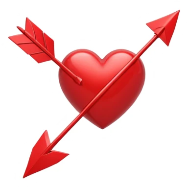Apple-style 3D illustration of a glossy red heart pierced by a horizontal double-ended arrow. One end of the arrow has a small female symbol, the other end has a small male symbol. The heart is centered, shiny, with soft shadows, floating on a clean white background, minimal and emotional design sticker