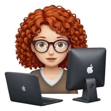 red-haired curly girl wearing brown glasses using a computer sticker