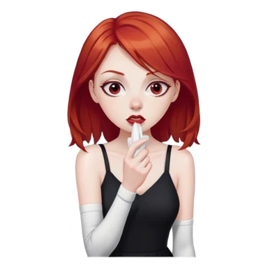 a woman with red hair and red eyes sniffing a white sock. The woman wear a black  dress sticker