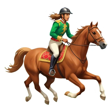 An icon showcasing a majestic horse and rider in full gallop across a lush green field. The background features a clear sky, distant mountains, and a vibrant landscape. The rider wears traditional gear, while the horse leaps with grace and power.  sticker