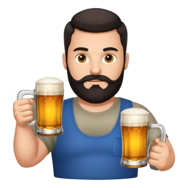 big man in lotus pose, bright skin, dark beard and dark short hair, holding beer mugs sticker