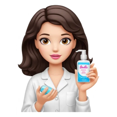 A Barbie girl with makeup, with short wavy dark brown hair in white pajamas, holding a facial gel in her hand sticker