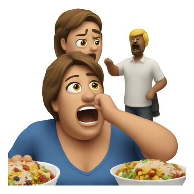 A large, upset woman with a burrito bowl throws it at a large man sticker