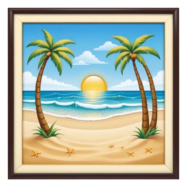 Cinematic Realistic Beach Emoji in a wooden frame, Sunny and bright, with soft golden sand stretching as far as the eye can see, gently lapping waves crashing onto the shore, and a clear, blue sky above. Palm trees sway in the warm breeze, crystal clear water of the waves on the landscape. Soft glowing outline, capturing the essence of a relaxed, joyful beach day filled with sun, sand, and surf! sticker