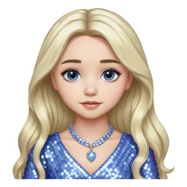 Sabrina Carpenter with long platinum blonde hair, periwinkle sequin dress and necklace sticker
