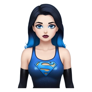 very very large chest-stunning beautiful face-black leggings-glitter lipstick-very long straight-dark-black to blue ombre hair-and-blue eyes-a lot of black eyeliner-thick long eyelashes-sky blue low tanktop with glitter superman character sticker