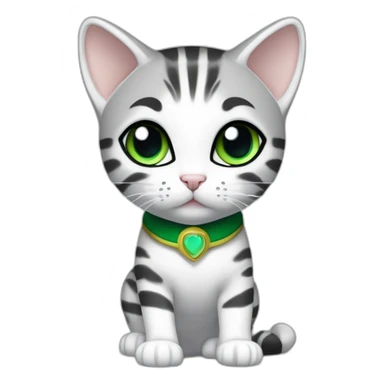 cuddly light white and grey domestic shorthair tabby with green and blue eyes black pupils, walking and playing wearing a cute costume female sticker