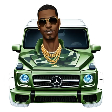 Young Dolph luxury clothes,blue diamond chain on,getting inside/not all the way in,just opened car door to his all orange and green colored,whole car painted army camouflage, Mercedes G Wagon sticker