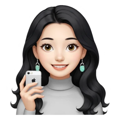 Korean 24-year-old female online shopping mall seller / white face / earrings / smiling expression / long wavy hair / influencer vibe / fashionable / black hair / silver earrings / skinny white turtleneck sticker
