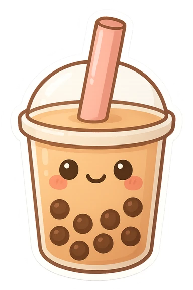 chibi sticker-style bubble tea with a smiling face, cute and exaggerated sticker