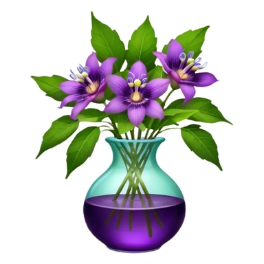 Still life, small size translucent glass vase full of vivid and bold hyperrealistic purple passion flowers, green leaves. Sitting on an antique wooden dark color table  sticker