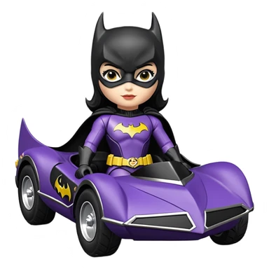 scale racing sexy fitted Batgirl’s buxom heroically armored midnight-colored tight outfit 1970’s tv style dark knight stealthy accurate sporty safe plush deluxe off-road pursuit drifting F1 town car (black hair, shoulders back against seat) rally vehicle  sticker