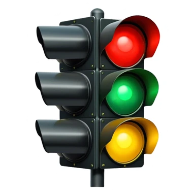 Traffic signal with green light illuminated. Top light red and dark. Middle light is yellow and dark. Bottom light is green and bright sticker