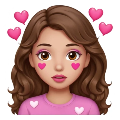 girl with long wavy brown hair, brown eyes, light to medium complexion, in a pink shirt, pink lips, long lashes, puckering lips kissing, blushing with hearts sticker