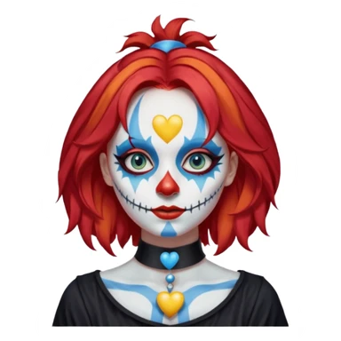 wendy thomas  the clown from gta rp nopixel she has a blue sun covering right eye with three yellow lines below her right eye and above her left eye this is her clown makeup . she has long bright red hair and light blue eyes with ablack heart choker and black bunny ears. with a skeleton shirt sticker