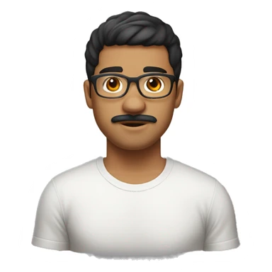 Latino man with mustache, 25 years old, weight 80 kilos.  with clear frame glasses and a short haircut with bangs, gold earrings and a white t-shirt. sticker