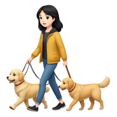 A black-haired girl walking with a golden retriever sticker