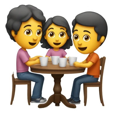 An emoji of a family—mother, father, and child—sitting at a table, playing a cup game with paper cups arranged on the table as they have fun together sticker