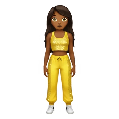 Chilli from TLC with long dark brown hair, yellow sequin crop top and pants, dark skin  sticker