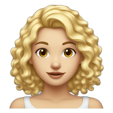 Fille blonde ,cheveux bouclé détaché et pas coiffé  long jusque au millieu du dos et volumineux,teint blanc , yeux bleu visage un peu carré sticker