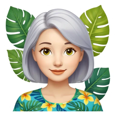 A woman with light complexion, oval face with soft rounded features, full cheeks, gentle almond-shaped eyes with subtle smile lines, silver-gray hair parted to the side, wearing a vibrant short-sleeved blouse with tropical leaf print in blue, green, and yellow, exuding warmth and joy. sticker
