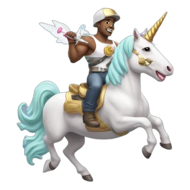 Strong man, machine gun, flying on a unicorn eating ice cream with a unicorn hat on sticker