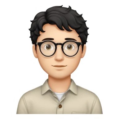 Upper body only of young caucasian man with black wavy hair, round glasses, wearing comfortable buttoned shirt sticker