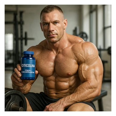 hyper realistic bodybuilder with Citicolina supplement near weights, sculpted muscles, blue bottle, text 'Forza e concentrazione', gym environment, light background sticker