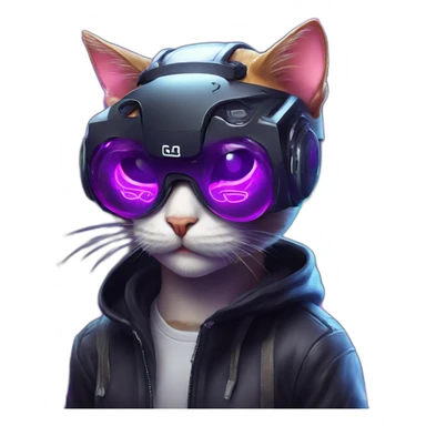 funny cat wearing a black hoodie with "OMG" letters on it and VR headset in a cyberpunk VR environment with violet neon lighting. sticker