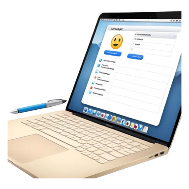 online booking system on MacBook screen next to old-style paper notebook with pen sticker