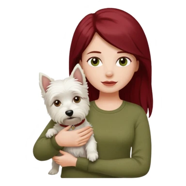 Westie white terrier dog being held by woman with dark red long hair and hazel eye wearing olive green top sticker