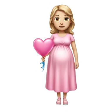 White pregnant lady, with Light Brown hair and blue eyes. She is wearing a pink dress and a bow,  standing and holding two pink heart balloons. sticker
