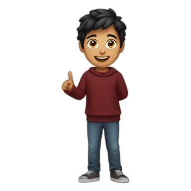 smiling and pointing north indian kid with black hair wearing a dark red sweater sticker