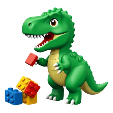 A cute green t-rex playing with LEGO bricks sticker