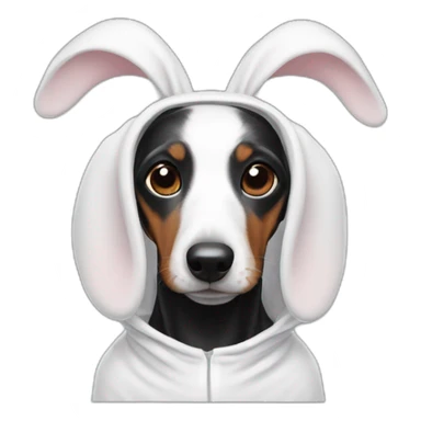 a black dachshund dog in a white bunny costume with bunny ears on the hood sticker