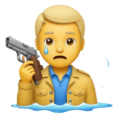 Make a yellow emoji of a guy holding a gun and the guns barrel is in his mouth while crying blue water sticker