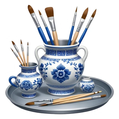 Metal painting icon, a metal vase with intricate designs in Gzhel and Chinese embroidery styles, placed on a metal tray, with three paintbrushes beside it, minimalistic style, clean lines, transparent background. sticker