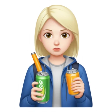 student holding energy drink can, tired face sticker