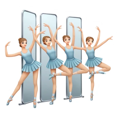Icon for Choreography: a group of dancers in identical poses, standing by a wall with all wall long mirror, holding a long barre with one hand. The icon should capture the discipline and synchronized movement of dance training. Transparent background. sticker