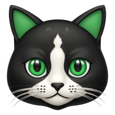 crie uma imagem de um gato preto com uma mancha branca no peito o gato tem olho verde  tudo no estilo de animação sticker