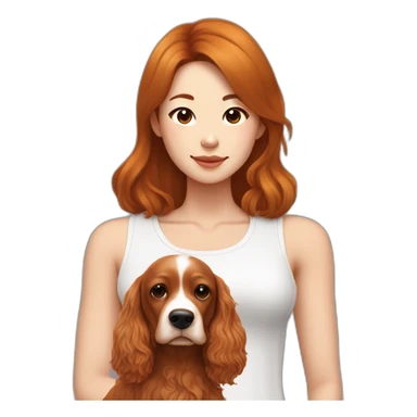korean woman with long dark brown hair in a white singlet sits with ginger colour cocker spaniel sticker