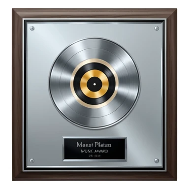 A platinum music award plaque: a square, polished platinum plate with a subtly textured, mirror-like finish, mounted on a simple dark wood base. The center features a relief of a or stylized vinyl record in a slightly darker metallic tone.  sticker