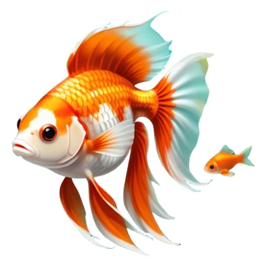 Large aquarium fish like veil tails and lionhead goldfish swimming gracefully in a beautifully decorated aquarium. Colorful aquatic plants, smooth rocks, and gentle bubbles surround the fish. The water shimmers in sunlight, creating a peaceful and vibrant underwater scene. Transparent background. sticker