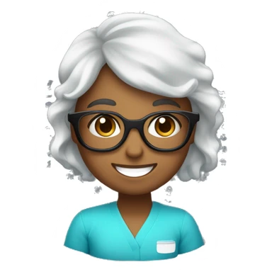 científica, morena de cabello negro ondulado recogido con una cola, con lentes, sonriente, con bata de laboratorio blanca, y su scrups sea de color celeste sticker