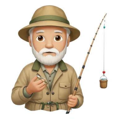 an old white haired, bearded man in fisherman attire, sat in a big boat on the ocean, casting a fishing line into the water sticker